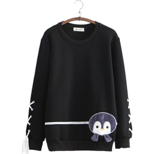 Fleece Women Hoodies Sweatshirts Cartoon Embroidery Lace Up Pullover 2020 Autumn Winter Thick Tracksuits Sweet Style Teen Girls