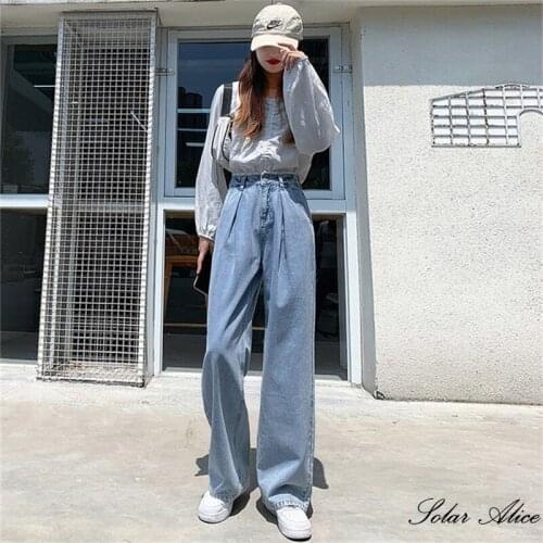 Free shipping 2020 womens autumn new lace high waist straight jeans loose wide leg casual pants mopping pants