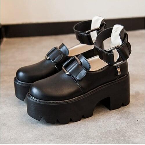 Platform Shoes Lolita Shoes Student Girl JK Uniform Shoes PU Leather Block High Heels Round Toe Ankle-strap Women Shoes