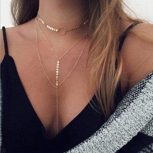 Fashion Gold Chain Long Tassel Necklaces for Women Multi-Layer Sequins Choker Necklace Bohemia Jewelry collares de moda 2019