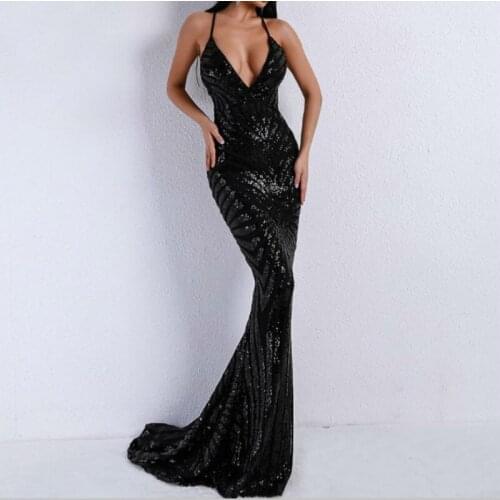 Backless women bodycon dress black gold trumpet strap V neck evening club party dresses sequined striped autumn maxi dresses