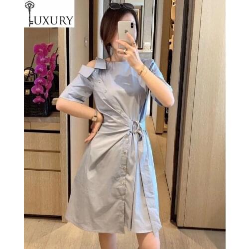 High 2020 Summer Fashion Quality Women Sexy Off Shoulder Ring Belt Deco Short Sleeve Casual Long Shirt Dress White Grey