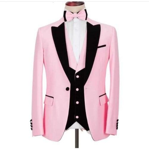 2020 New 3 Pieces Set Wedding Groom Black Velvet Peaked Lapel Tuxedo Pink Best Man Blazer Slim Fit Prom Dress Suits For Men