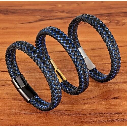 TYO Fashion Special Design Genuine Leather Bracelets & Bangles For Men Blue Stripe Black Color For Marry Christmas Birthday Gift