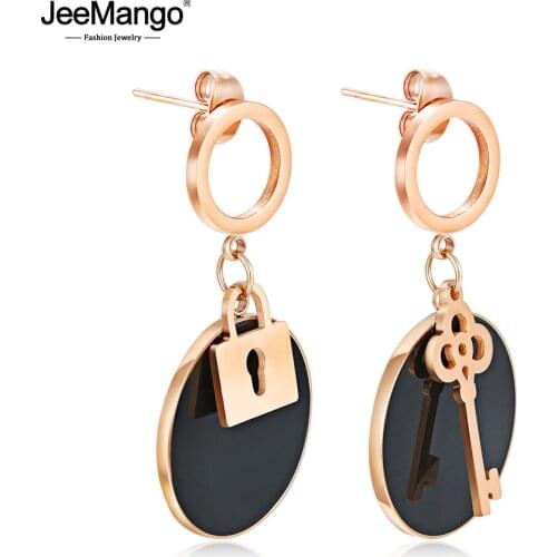 JeeMango Trendy Rose Gold Color Key Lock Drop Earrings For Women Titanium Stainless Steel Black Acrylic Girl Ear Jewelry JE18450