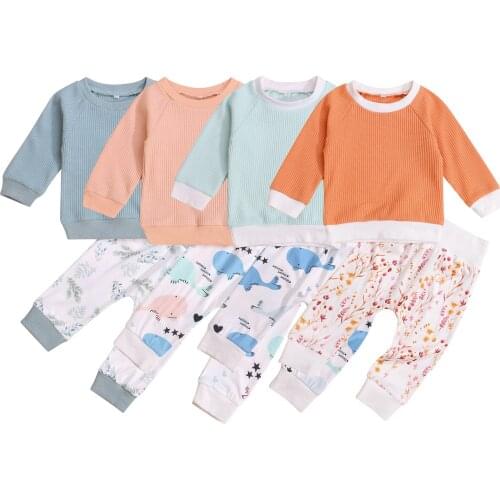 Toddler Baby Girl Clothes Set Newborn Boys Outfit Solid Long Sleeve Pullover Top+Printed Long Pants Spring Fall New Born Fashion
