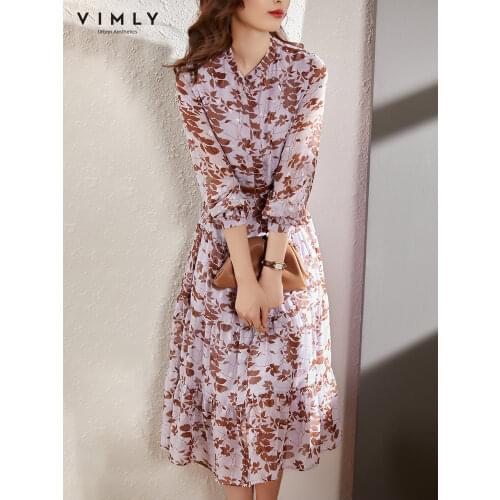 VIMLY Sweet Cake Dress for Women Slim Waist Long Sleeve Midi Dresses 2021 Autumn Chiffon Vintage Floral Vestido Female F8691