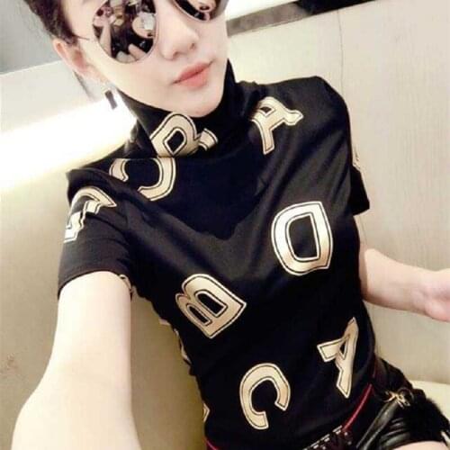 Fashion Women 2020 Summer T-shirts Letters Printed Patchwork O-neck Tee Shirt Short Sleeve Slim Black Casual Tops Plus Size