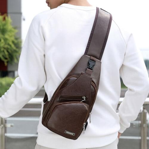 Mens Shoulder Bag Sling Chest Pack PU Leather USB Charging Sports Crossbody Bag