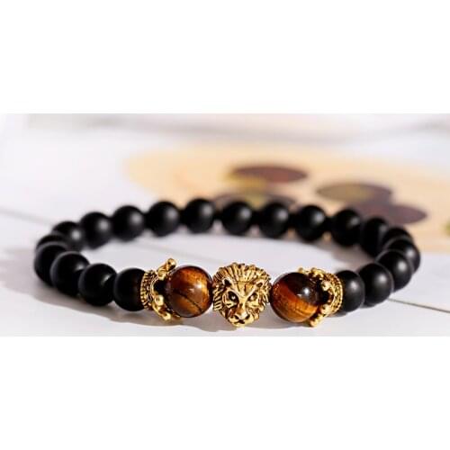 New Crown Lion Head Beaded Bracelet For Men Fashion Natural Stone Tiger Eye Onyx Beads Bracelets Homme Dropshipping