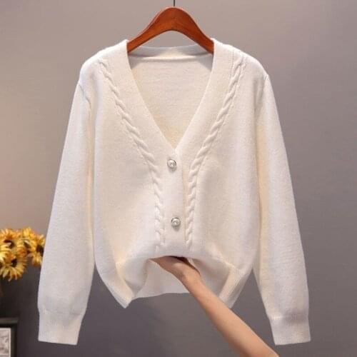 Autumn Winter Sweater Cardigan Women New V Neck Pearl Single Breasted Thicken Sweater Casual Long Sleeve Loose Short Knitted Top