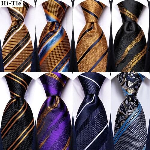 Hi-Tie Gold Black Striped Silk Wedding Tie For Men Fashion Design Gift Men Necktie Hanky Cufflink Set Business Party Dropshiping