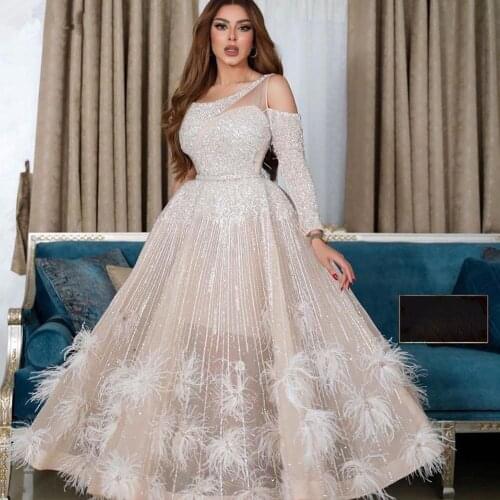 Luxury Beading Feathers Prom Dresses 2020 Chic Ankle Length Dubai Arabic Formal Dress Long Sleeves Unique Evening Party Gowns