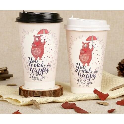 50pcs Cartoon creative disposable coffee cup 500ml party birthday favor cold and hot drink thick milk tea paper cup with lid