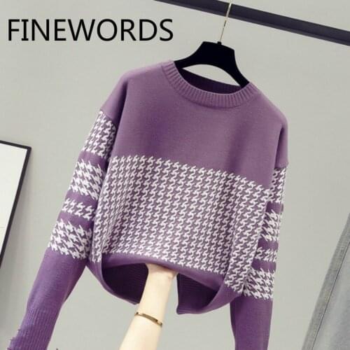 FINEWORDS Vintage Purple Knitted Sweater Winter Casual Streetwear Jumper Korean Long Sleeve Pullover Loose 2020 sweter damski