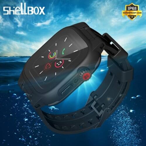 SHELLBOX Waterproof Sport Watch Case with Silicone Band for Apple Watch Series 5 4 for iWatch 44mm Strap Screen Protector Cover