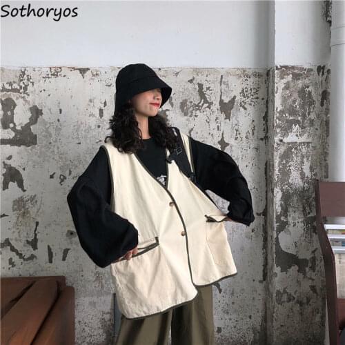 Japanese Style Vests Women Loose Fashion Leisure V-neck Waistcoats Single Breasted Ulzzang All-match Vintage Retro Streetwear