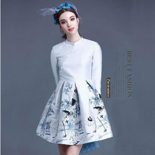 145cm width imported white crane printed jacquard tapestry satin jacquard fabric fashion fabric DIY clothing