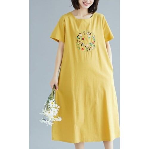 Women Cotton Linen Casual Dress New Arrival 2021 Summer Arts Style Vintage Floral Embroidery Loose Female Long Dresses S3351