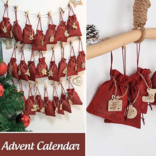 24PCS Christmas Advent Calendar Countdown Bag Hanging Candy Gift Sacks Pouch with Clips Stickers Rope Home Christmas Decoration