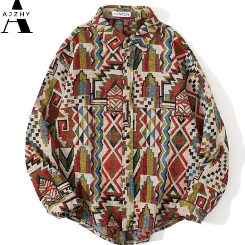 AJZHY National Style Knitted Geometric Patterns Color Block Button Shirts Harajuku Casual Long Sleeve Tees Tops Streetwear Shirt