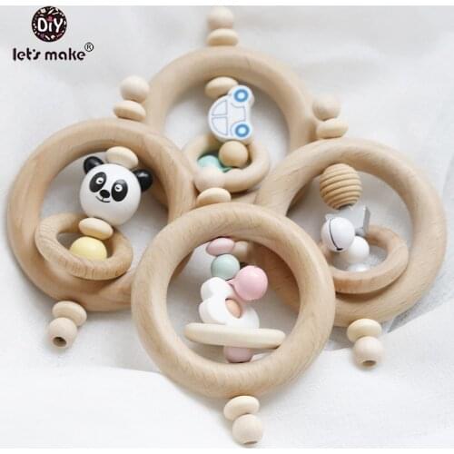 Lets Make Baby Teether Educational Toys 1PC Rattle Panda Rings Food Grade Flower Rough Beads PVC Free Wooden Blanks Bed Bell