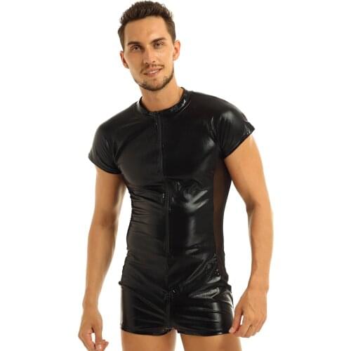 3XL Men Latex Bodysuit Lingerie Plus Size Costume Black Faux Leather Short Sleeves Zipper One-piece Body Jumpsuit with Mesh Side