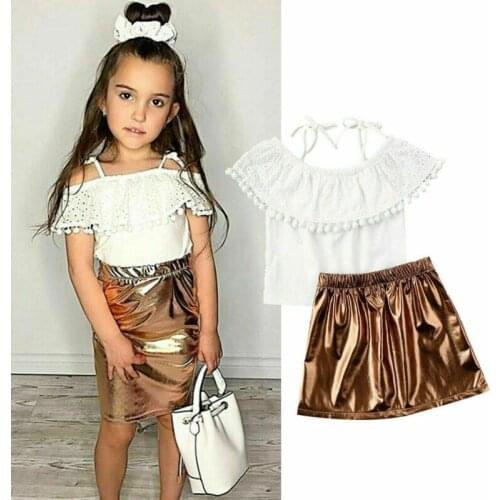 Summer Toddler Baby Girl Clothes Lace Ruffle Tassel Tops Bandage Strap Shirt Leather Skirt Outfits 0-3Y