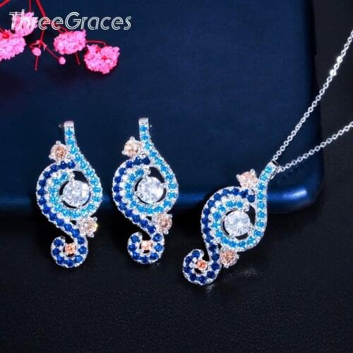 ThreeGraces Shiny Blue CZ Crystal Lovely Geometric Dangle Earrings Pendant Necklace Set for Women Fashion Musical Jewelry JS531