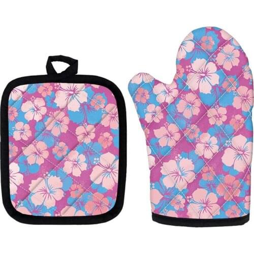 Microwave Oven Potholder Gloves and Mat 2Pcs Heat Resistant Polynesian Hibiscus Pattern Mittens for Baking BBQ Kitchen Tools