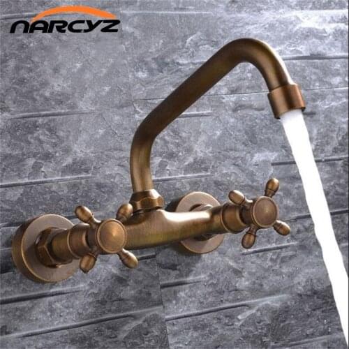 Retro Brass Faucets 2 Cross Handles Antique color Hot And Cold Bathroom Faucet wall Mounted basin Brass Sink Mixer Tap XT-117
