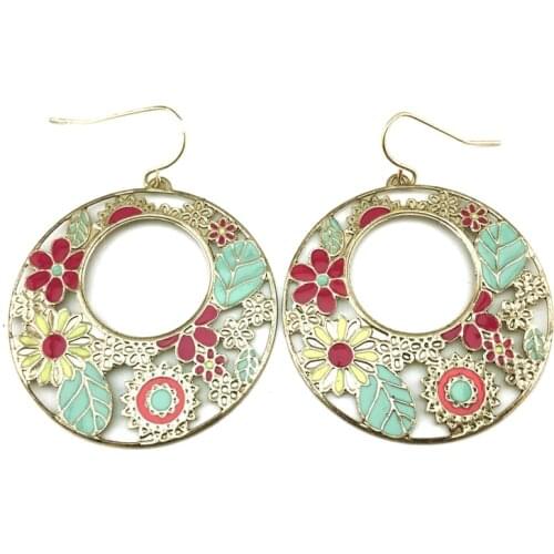 Girl Special store Gold Round Sweet Enamel Flower Hollow Pendant Hanging Earrings brincos Women Female earing