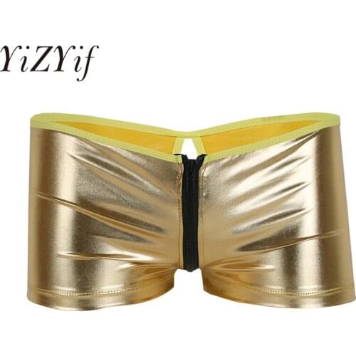 YiZYiF Mens Lingerie Shiny Metallic Zipper Pouch Booty Boxer Shorts Elastic Waist Underwear Gay Mens Patent Leather Short Pants