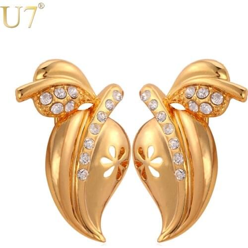 U7 Unique Leaf Shape Earrings Trendy Gold/Silver Color Rhinestone Summer Jewelry Wholesale Plant Drop Earrings For Women E480