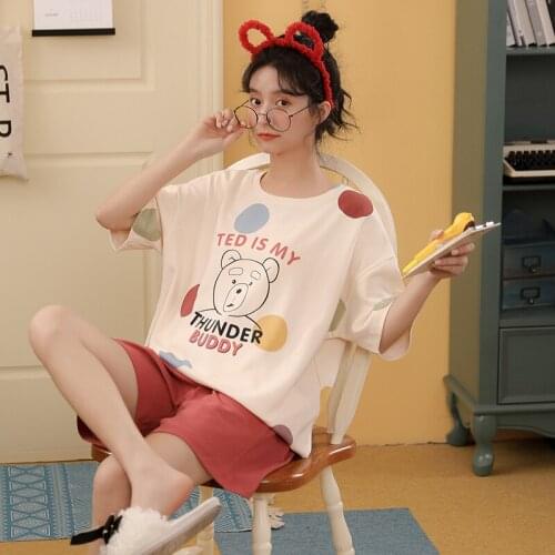 Women Pajamas Sets Plus Size Summer Cotton Soft Short Sleeve Homewear Female Kawaii Cartoon Color Dots Bears Maiden Sleepwear