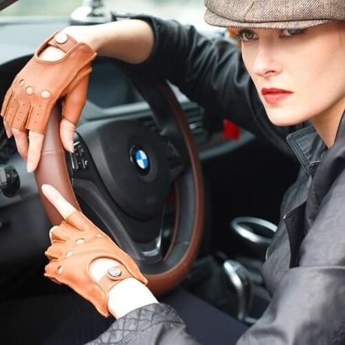 Women Deerskin Gloves Wrist Half Finger Glove Solid Adult Fingerless Mittens Real Genuine Leather Driving Mittens Slip Gloves