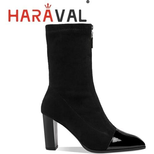 HARAVAL Women Ankle Boots Shoes Kid Suede Spring Autumn Chelsea Boots Shoe Square heel Short Plush Elegant Sexy Shoes E7L