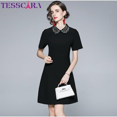 TESSCARA Women Elegant Beading Dress Festa High Quality Black Office Cocktail Party Robe Femme Runway Designer A-Line Vestidos