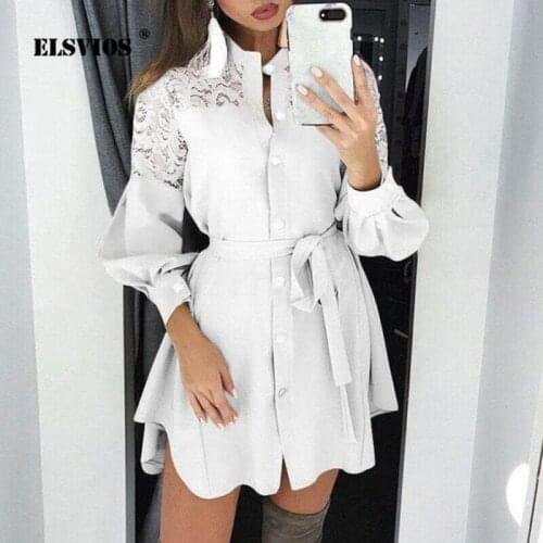 Lace Stitching Long Sleeve Belt Dress Spring Autumn Women Fashion Stand Collar Shirt Dress Casual Elegant Office Short Vestidos