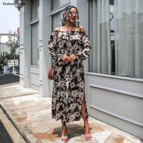 Dress Women Autumn and Winter Print Floral Slash Neck Sexy Long Dresses Elastic Beach Dresses Female Robes Lantern Sleeve C2275