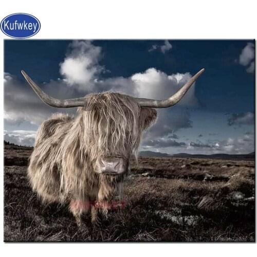 Animal Full square round Diamond Painting Highland Cow 3d pictures Cross Stitch Diamond Embroidey Black White art Diamond Mosaic