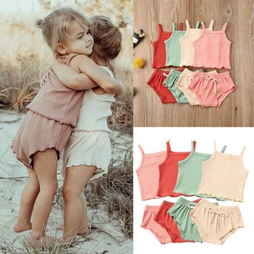 Newborn Toddler Baby Girl Ribbed Solid Clothes Vest Top T-Shirt Pants Shorts 2Pcs Ruffled Edge Outfit Sets