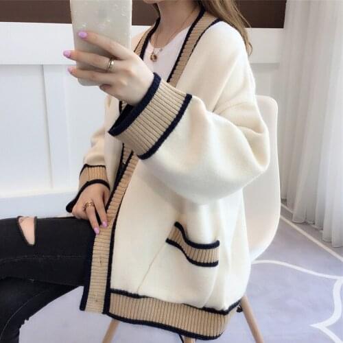 Womens Knitted Cardigan Korean Fashion Stripe Pocket Sweater Autumn Winter Long Sleeve V Neck Casual Loose Knitwear Coat Female