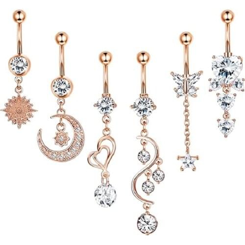 Pendant Belly Bar Dangle Chain Fashion Body Piercing Jewelry Navel Ring Crystal Zircon Moon Star heart Piercing Kit Trendy