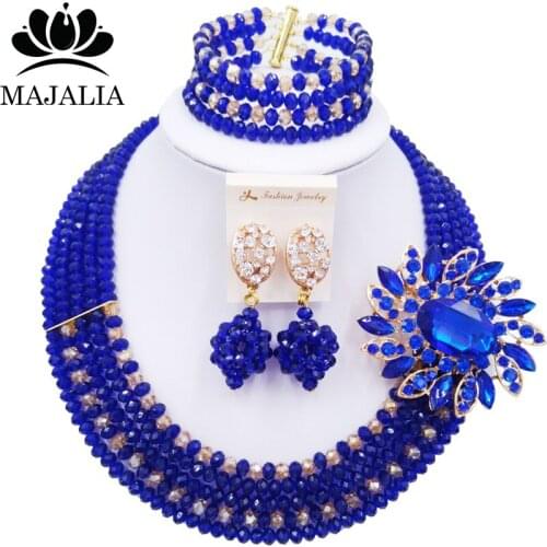 Majalia Latest Royal Blue and gold ab African Fashion Beads Nigerian Wedding Party Bridal Jewelry Sets 5ST0021