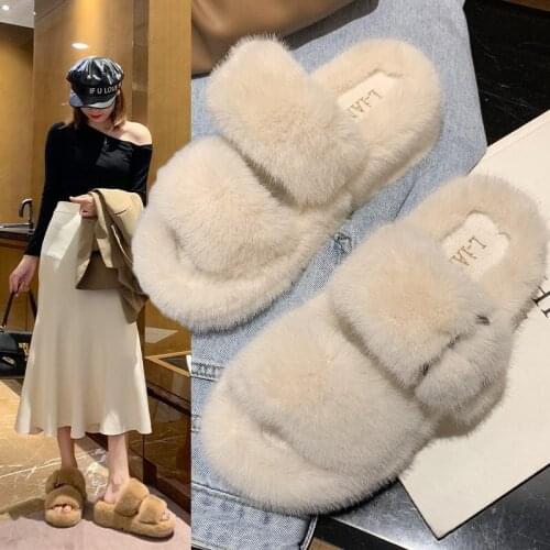 Furry Fur Slippers Platform Faux Fur Slides Fluffy Flip Flops Plush House Slippers Cozy Flat Sandals Womens Fashion Shoes 2021