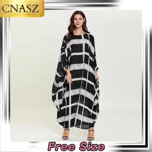 Muslim Dress Dubai Moroccan Plus Size Womens Islamic Turkey Fashion Bat Long Sleeve Lace Plaid High-End Casual Dress Kimono