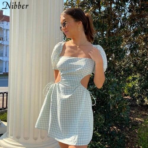 Nibber 2021 Summer Girly Plaid Dress Fashion Elegant French Romantic Puff Sleeve Hollow Mini Dress Casual Holiday Party Dress