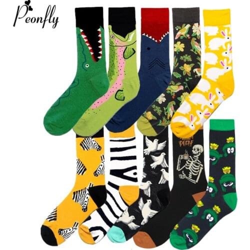 Peonfly Fashion Men Printing Cartoon Crocodile Shark Zebra Dog Sloth Koala Flower Bird Colorful Soft Comfort Cotton Socks