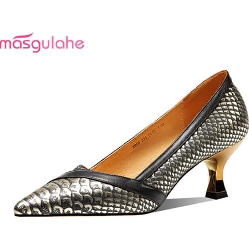 Masgulahe 2021 New Arrival High Heels Shoes Genuine Leather Women Pumps Summer Shallow Fashion Ladies Shoes Black Blue